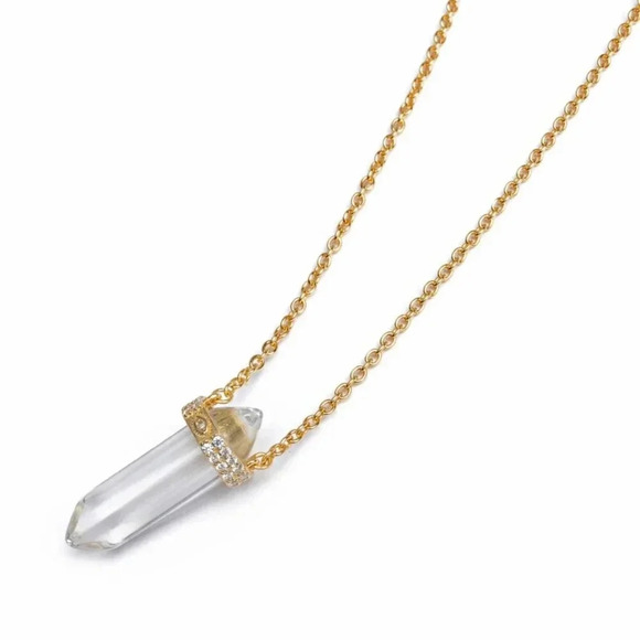 NIALAYA Clear Quartz Crystal Necklace Engraved Evil Eye Gold Plated L 18”+ 2” - Picture 5 of 9